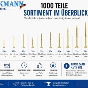 FRACKMANN Schraubenset 1000 Teile – Holzschrauben & Spanplattenschrauben 3x12 bis 4,5x80 – inkl. 4 TX Bits & Sortimentskoffer – Profiqualität - Image 4